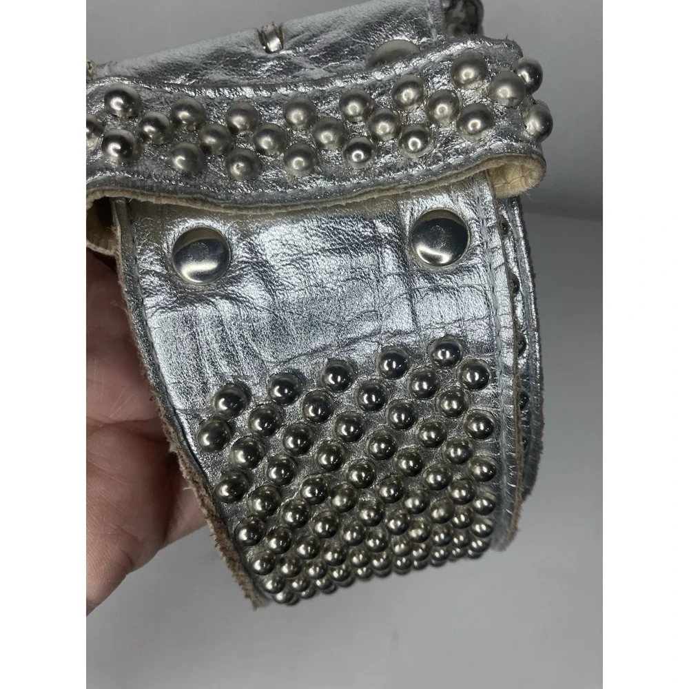 VTG Sand Castle New York Leather Belt Silver Studded Wide 80s Glam Rock 25-31